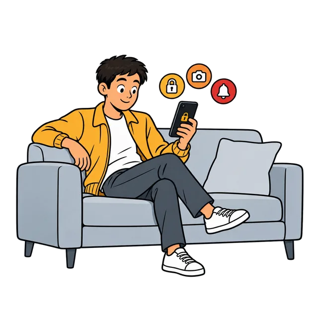 A man on a sofa checks his phone, which shows three alert icons.