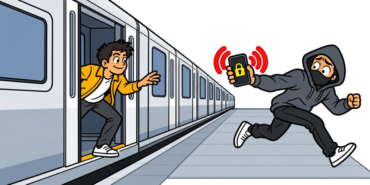 A thief grabs a phone from a passenger at a train door and runs. The phone is already locked and ringing.