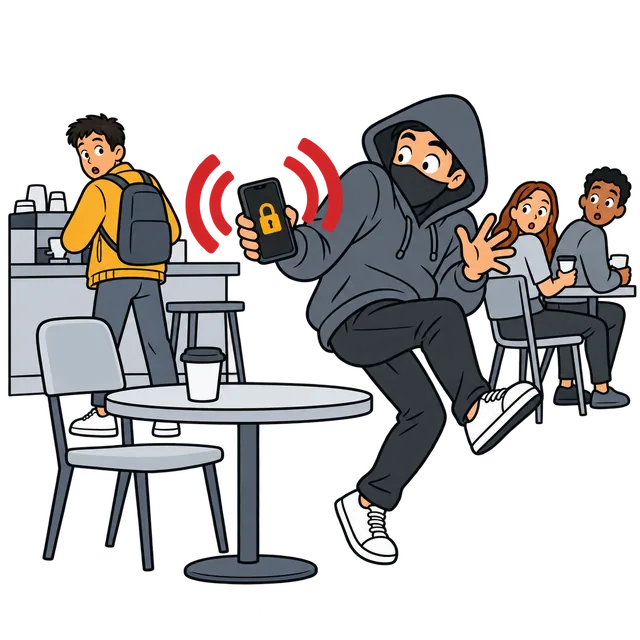 A thief picks up a phone from a café table and it rings loudly.