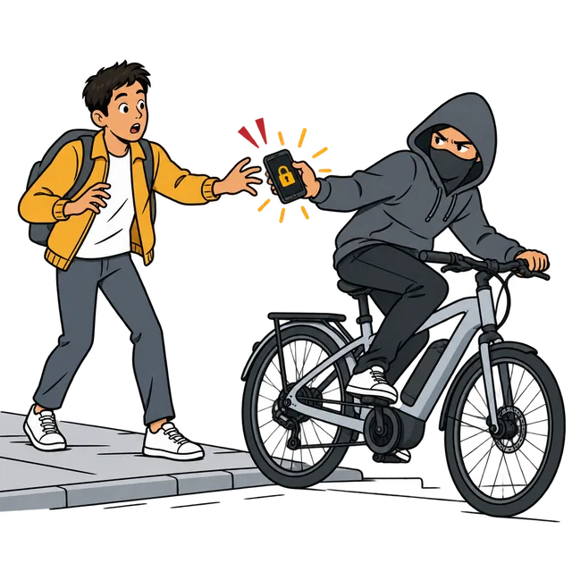 A thief on a bike grabs a phone from a man's hand. The phone shows a padlock.